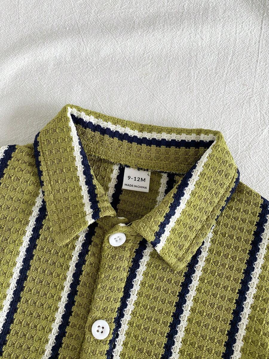 Infant Baby Boy Green White Striped Waffle Knit Polo Shirt and Shorts 2 Piece Casual Outfit Set