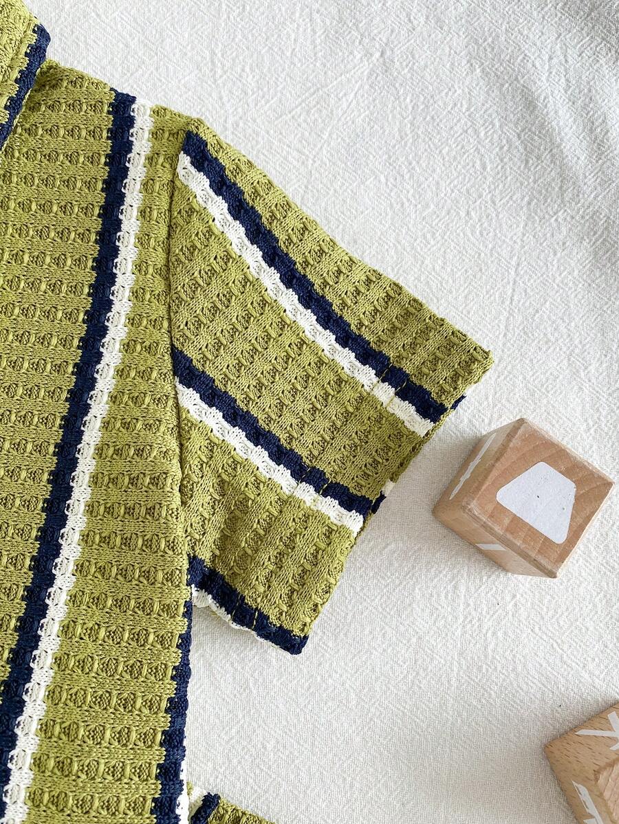 Infant Baby Boy Green White Striped Waffle Knit Polo Shirt and Shorts 2 Piece Casual Outfit Set