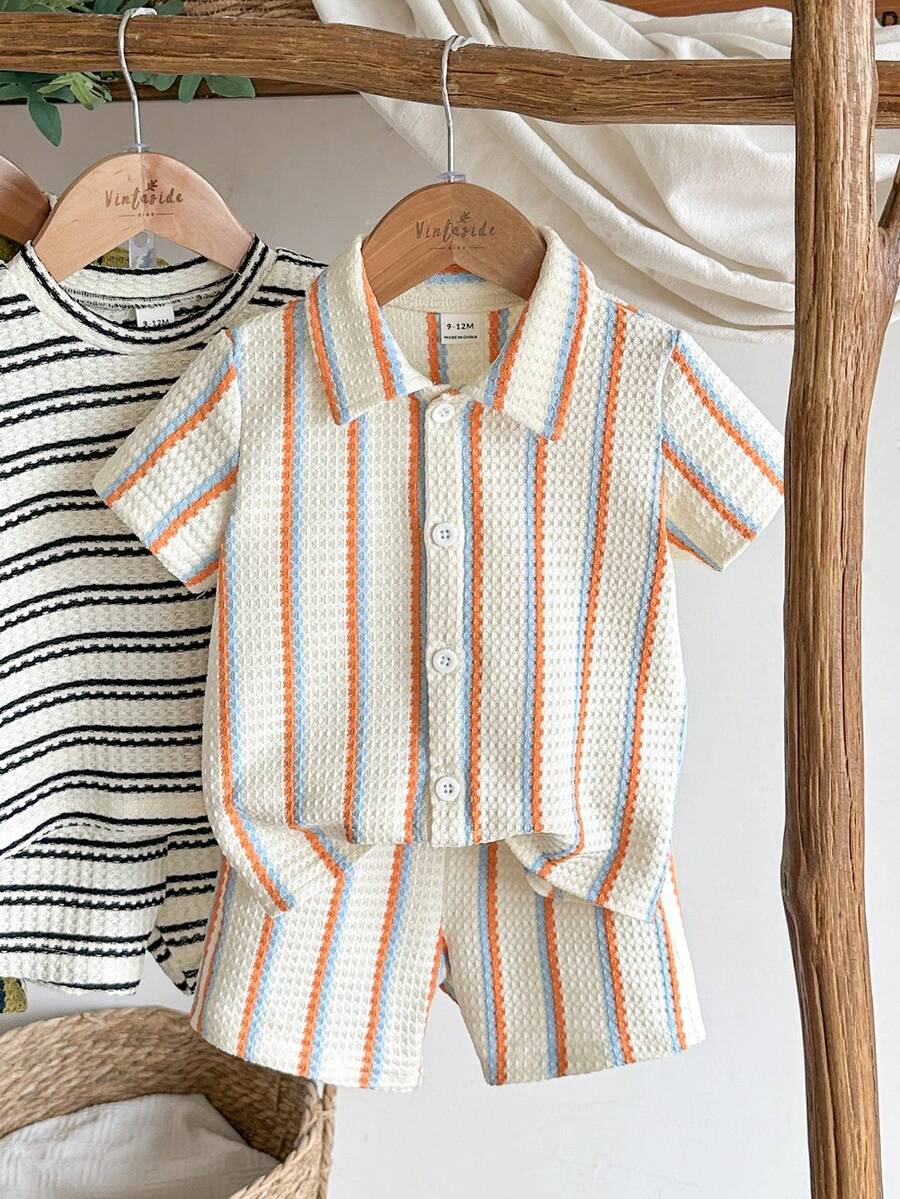 Infant Baby Boy Green White Striped Waffle Knit Polo Shirt and Shorts 2 Piece Casual Outfit Set