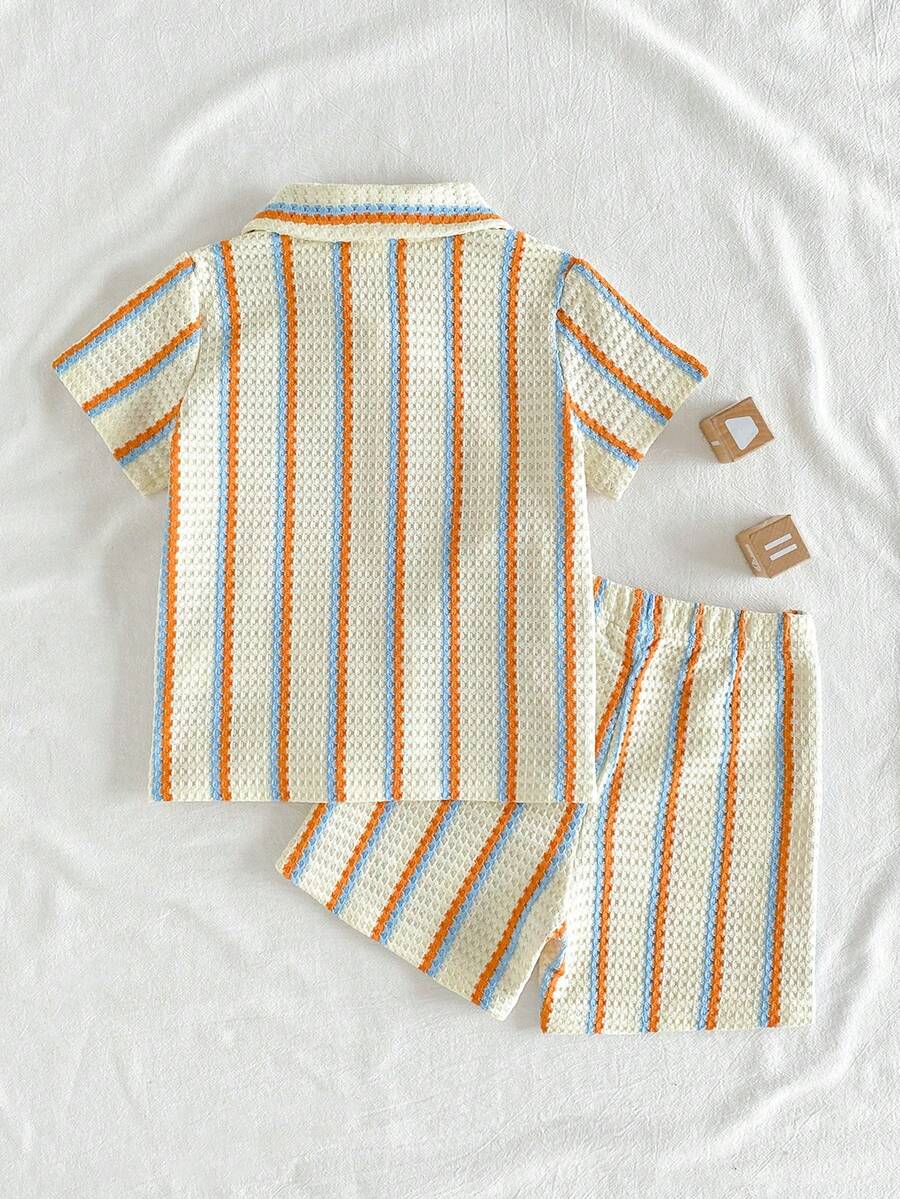 Infant Baby Boy Green White Striped Waffle Knit Polo Shirt and Shorts 2 Piece Casual Outfit Set
