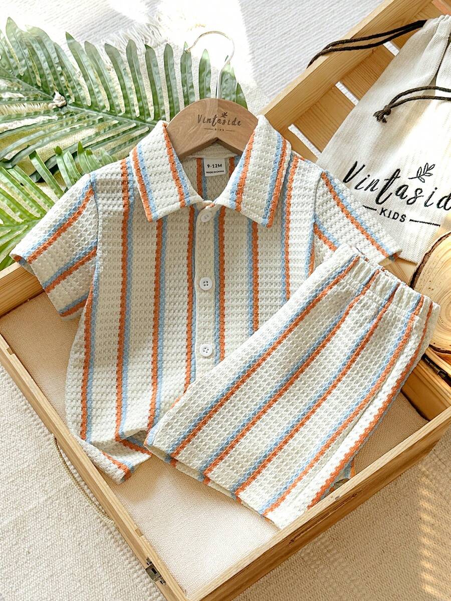 Infant Baby Boy Green White Striped Waffle Knit Polo Shirt and Shorts 2 Piece Casual Outfit Set