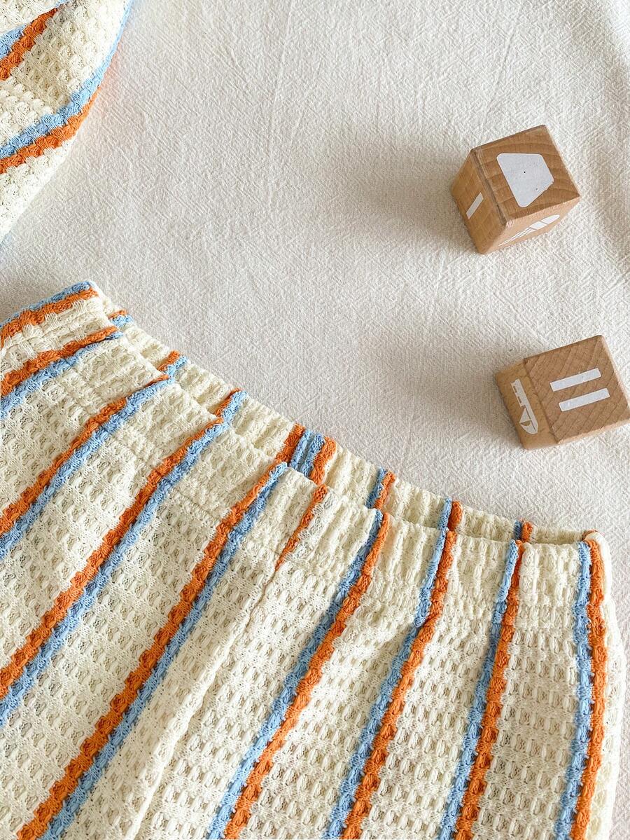 Infant Baby Boy Green White Striped Waffle Knit Polo Shirt and Shorts 2 Piece Casual Outfit Set