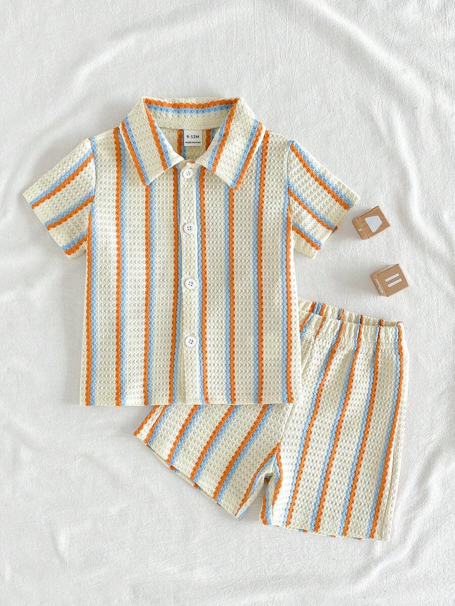 Infant Baby Boy Green White Striped Waffle Knit Polo Shirt and Shorts 2 Piece Casual Outfit Set
