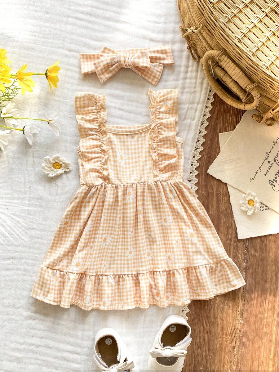 2PCS Baby Strawberry Plaid Dress and Bow Headband Set for Cute Spring and Summer Outings