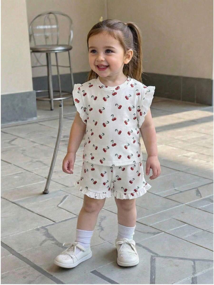 Baby Girl Black & White Striped Ruffle Sleeve T-Shirt & Shorts Set