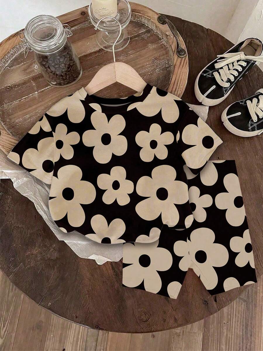 Lemon Fruit & Letter Print Short Sleeve Top and Shorts Set for Baby Girls