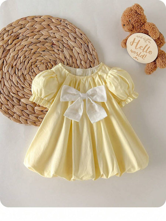 Baby Apricot Bowknot Long Sleeve Dress for Cute Daily and Outdoor Wear