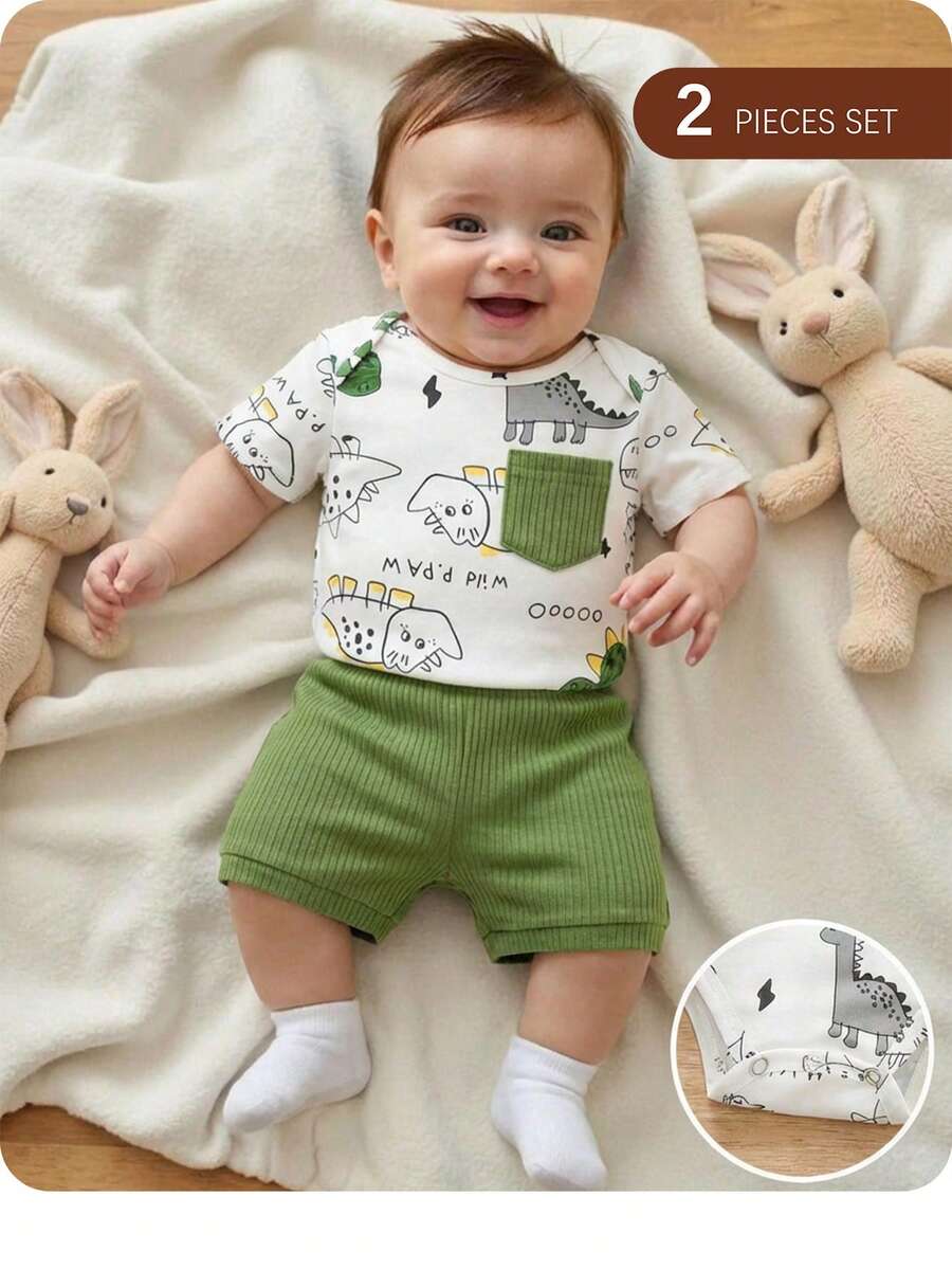 Stripe Knit Bodysuit and Elastic Waist Shorts Set for Cute Spring and Summer Wear