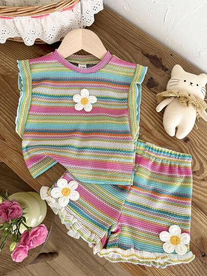 Cute Ruffle Sleeve Outfit Set For Little Girls Colorful Striped Clothing
