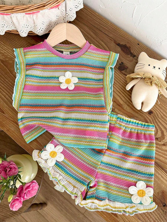 Cute Ruffle Sleeve Outfit Set For Little Girls Colorful Striped Clothing