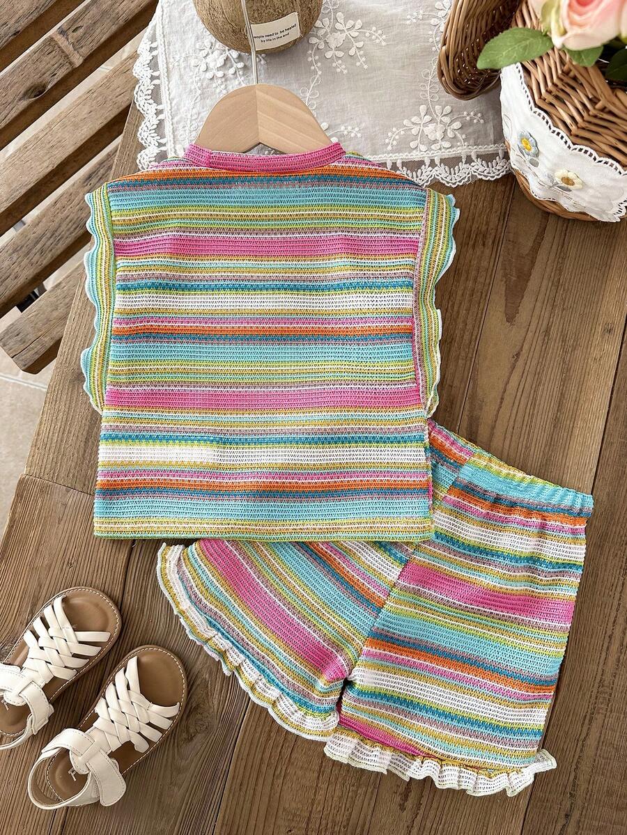 Cute Ruffle Sleeve Outfit Set For Little Girls Colorful Striped Clothing