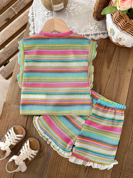 Cute Ruffle Sleeve Outfit Set For Little Girls Colorful Striped Clothing