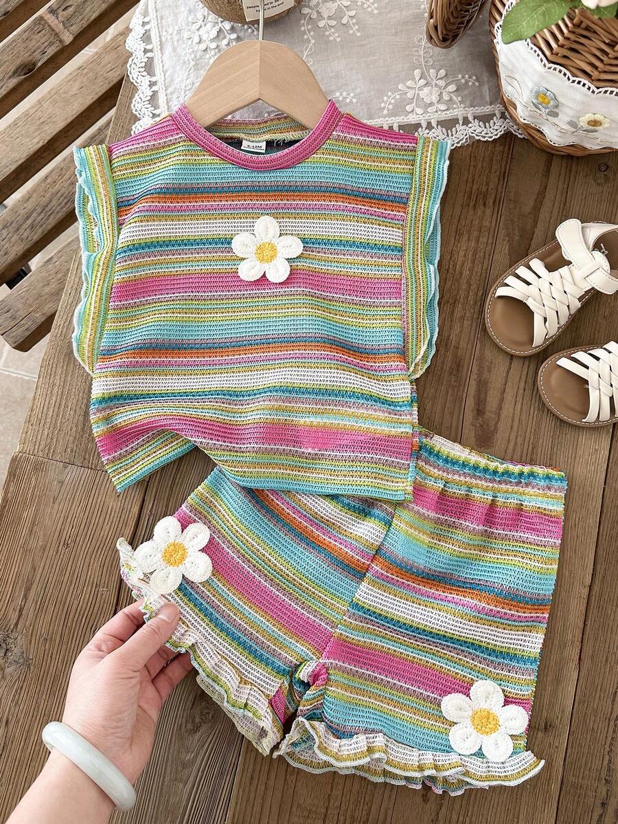 Cute Ruffle Sleeve Outfit Set For Little Girls Colorful Striped Clothing