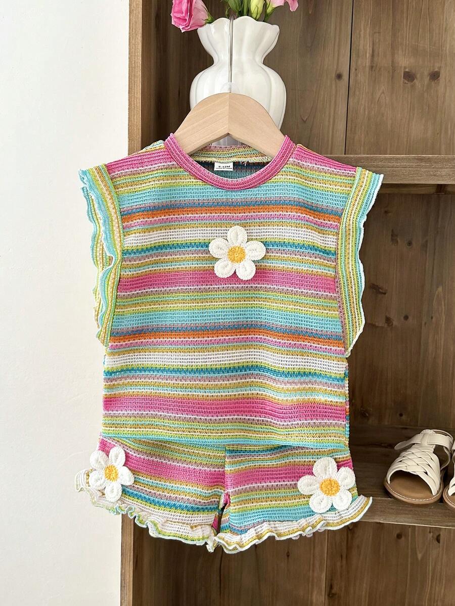 Cute Ruffle Sleeve Outfit Set For Little Girls Colorful Striped Clothing