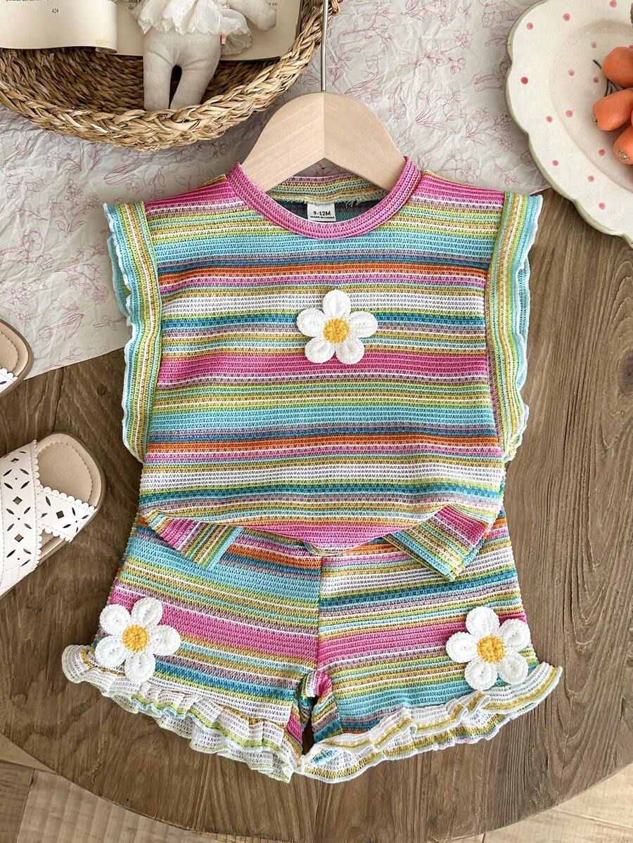 Cute Ruffle Sleeve Outfit Set For Little Girls Colorful Striped Clothing