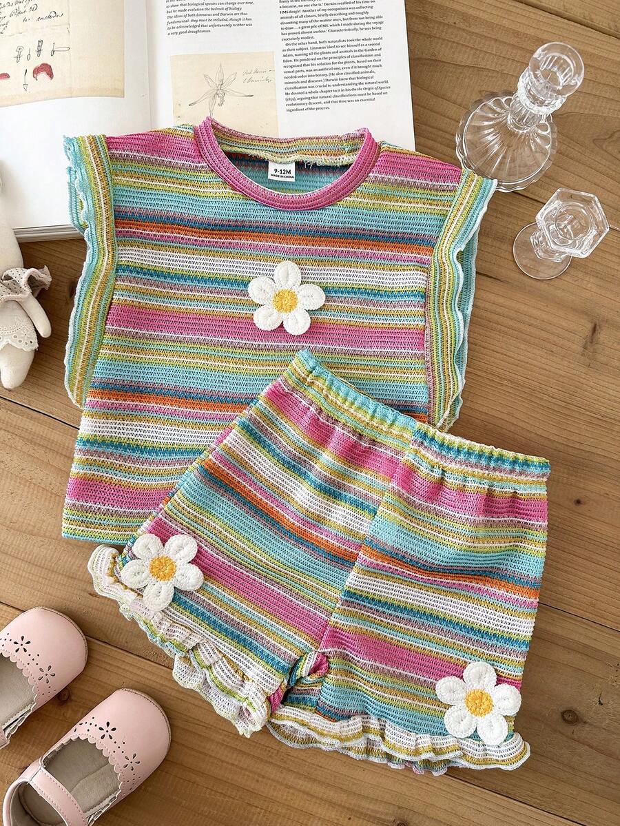 Cute Ruffle Sleeve Outfit Set For Little Girls Colorful Striped Clothing
