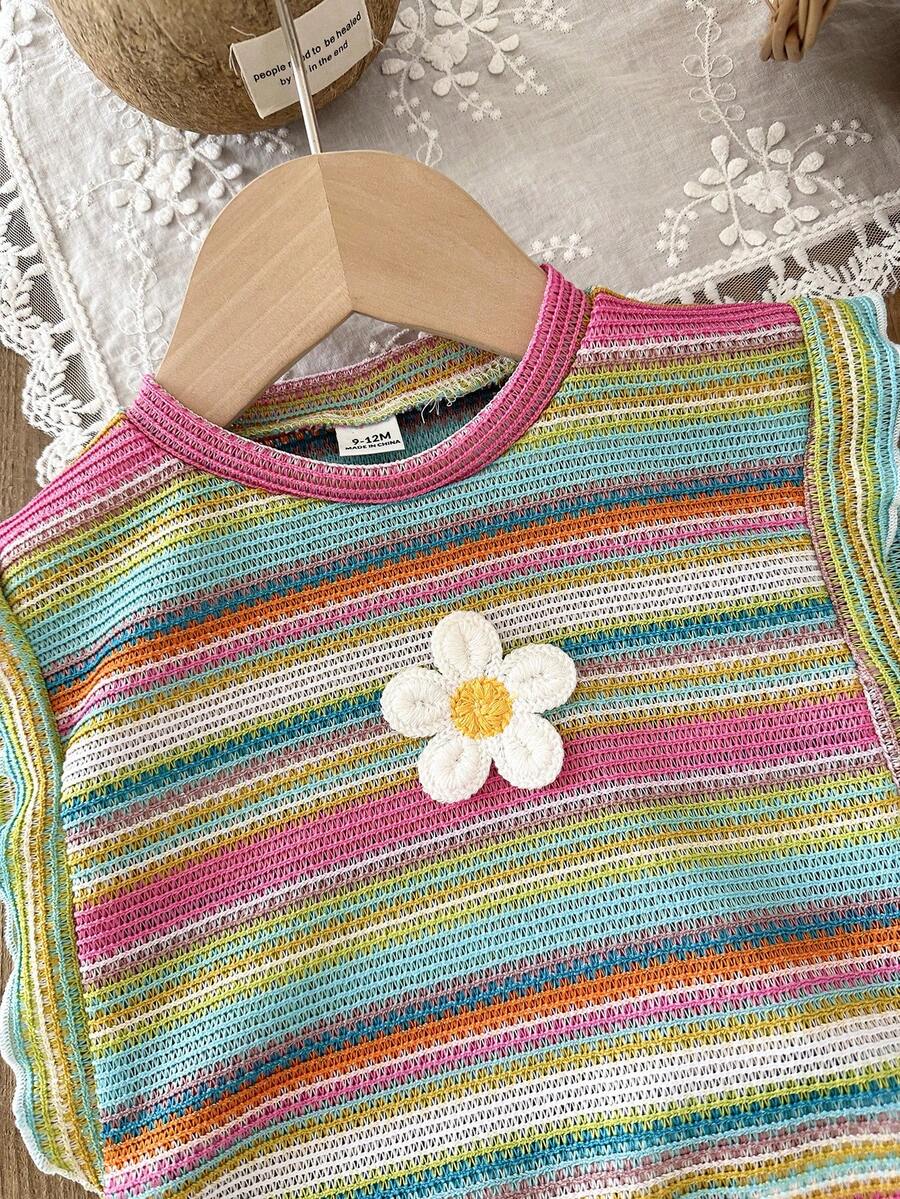 Cute Ruffle Sleeve Outfit Set For Little Girls Colorful Striped Clothing