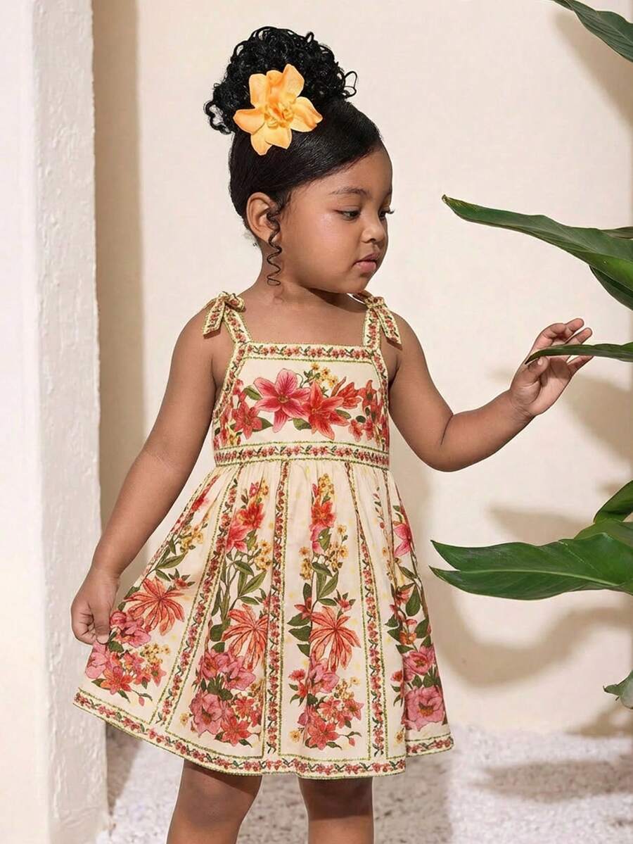 Little Girls Floral Print Sleeveless Dress With Bow Tie Waist Cute Summer Outfit