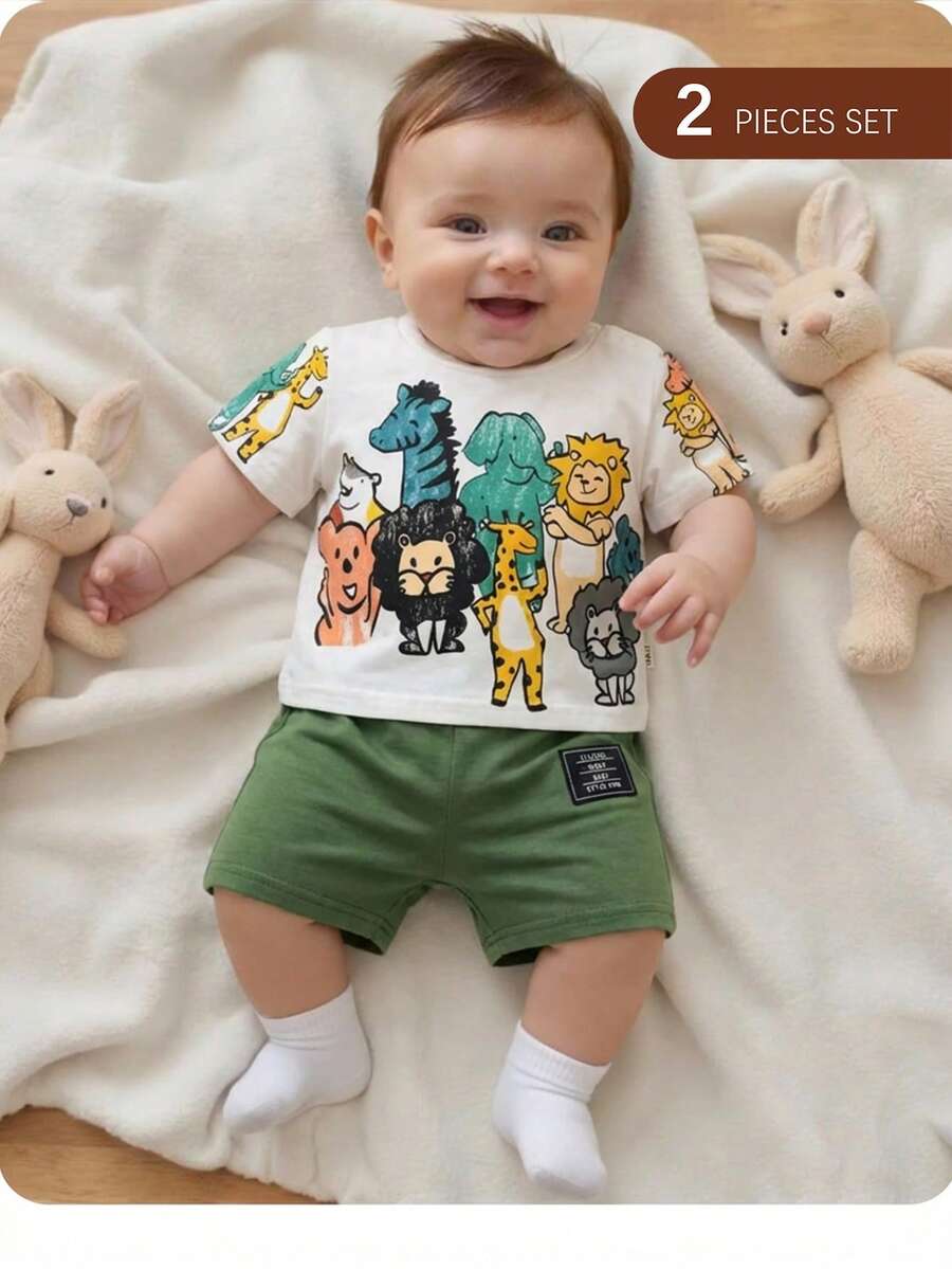 Newborn Boy & Girl Summer Knit Outfit -Cute Cartoon Bear Striped Shirt & Shorts Set