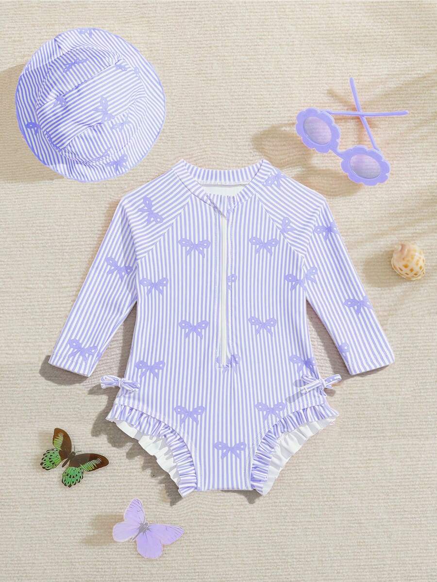 Baby Bow Print Long Sleeve One-Piece Swimsuit Set with Matching Swim Cap