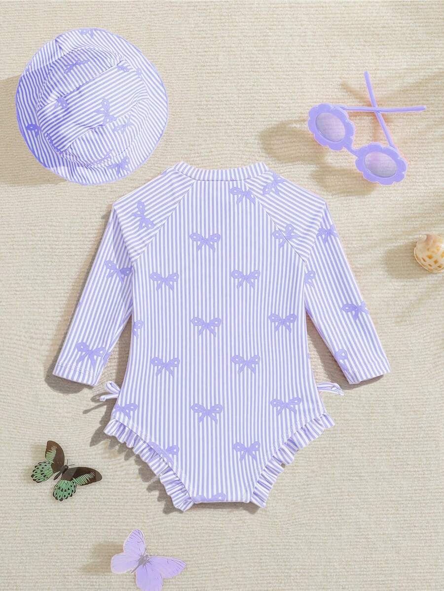 Baby Bow Print Long Sleeve One-Piece Swimsuit Set with Matching Swim Cap