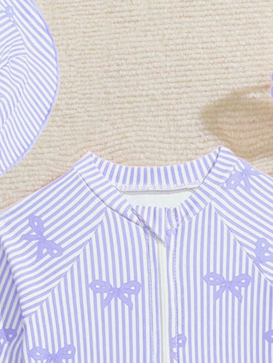 Baby Bow Print Long Sleeve One-Piece Swimsuit Set with Matching Swim Cap