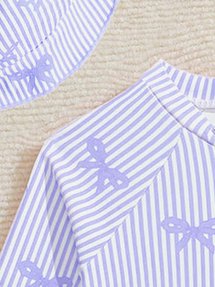 Baby Bow Print Long Sleeve One-Piece Swimsuit Set with Matching Swim Cap