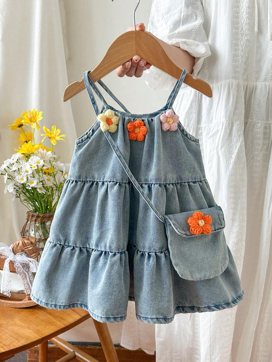 Toddler Girls Denim Sleeveless Dress With 3D Flower Decor And Matching Bag Set