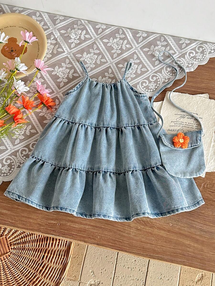Toddler Girls Denim Sleeveless Dress With 3D Flower Decor And Matching Bag Set