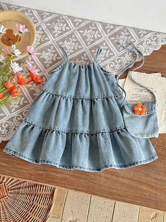 Toddler Girls Denim Sleeveless Dress With 3D Flower Decor And Matching Bag Set
