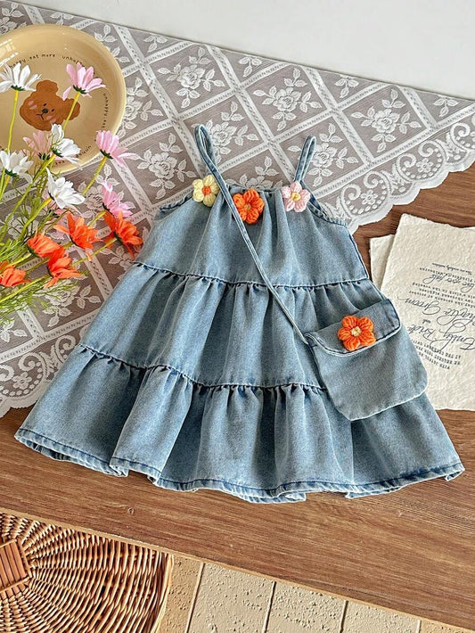 Toddler Girls Denim Sleeveless Dress With 3D Flower Decor And Matching Bag Set
