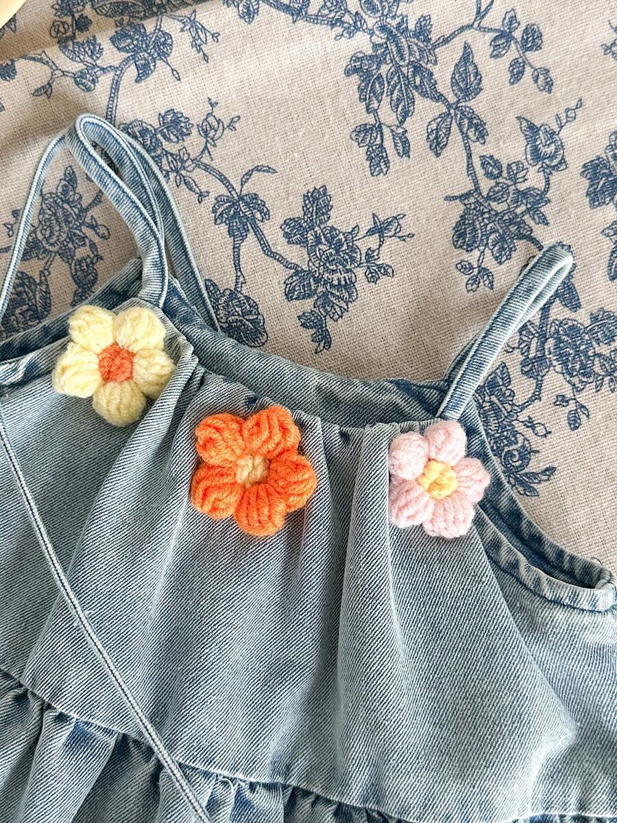 Toddler Girls Denim Sleeveless Dress With 3D Flower Decor And Matching Bag Set