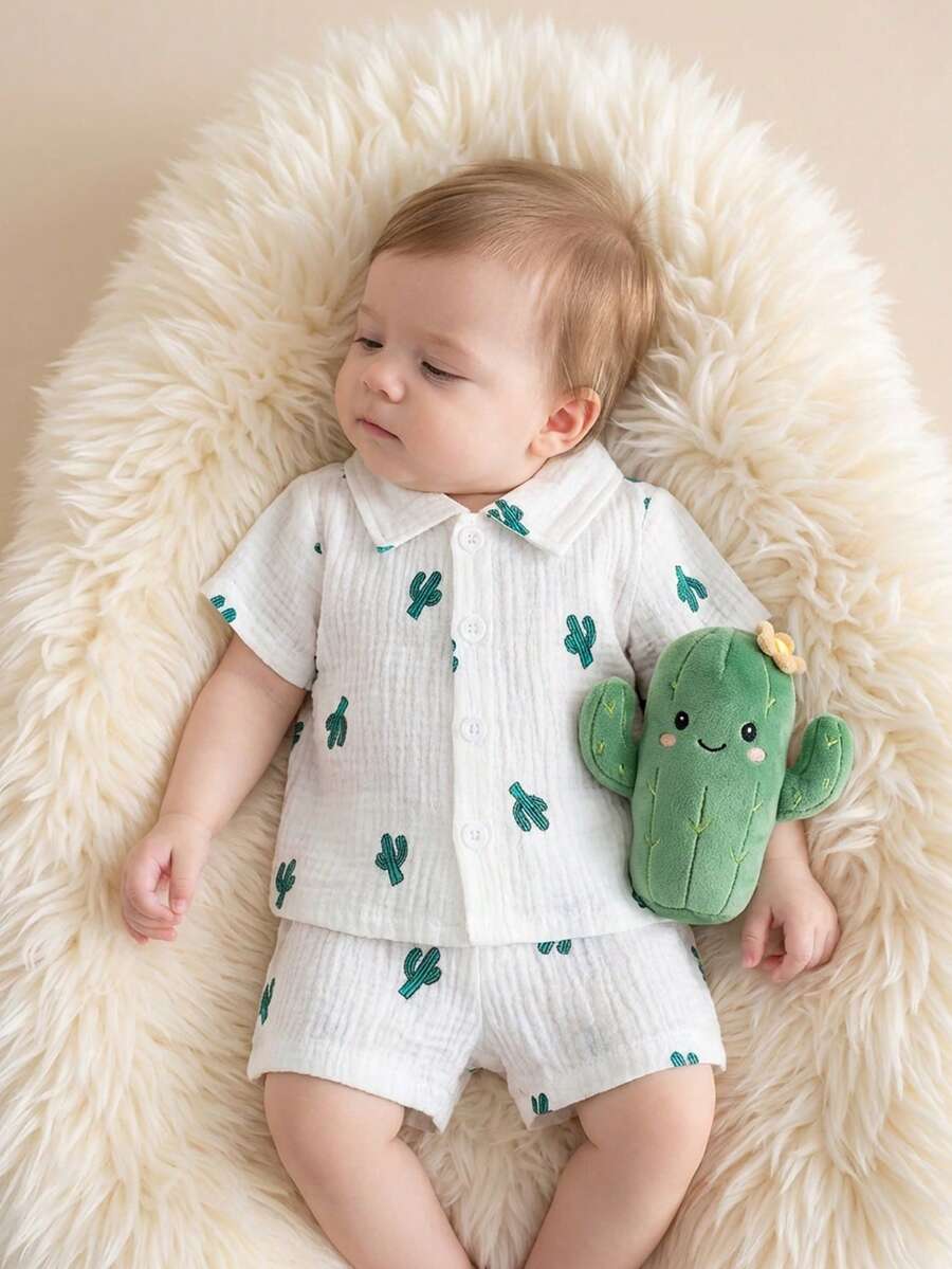 Baby Boy Cactus Print Shirt and Shorts Set for Cute Summer Daily Wear