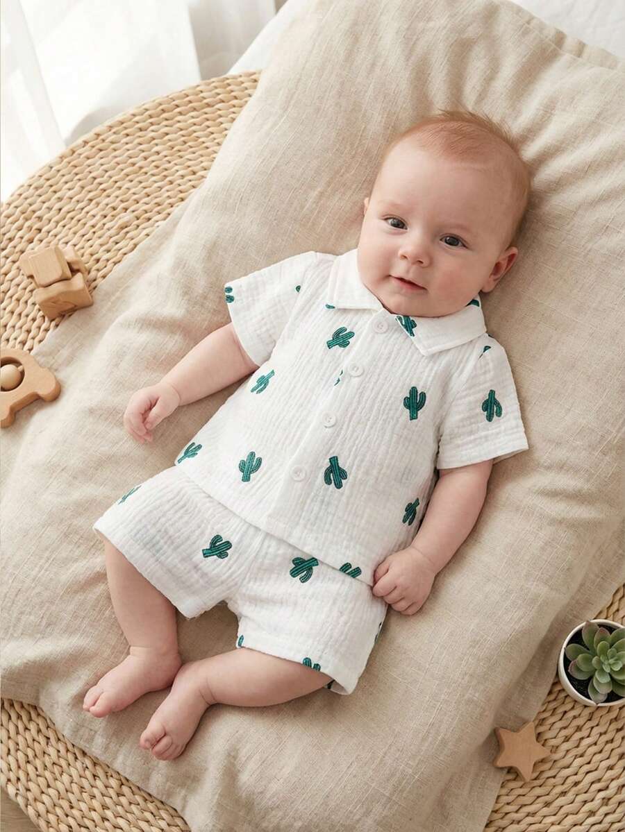 Baby Boy Cactus Print Shirt and Shorts Set for Cute Summer Daily Wear