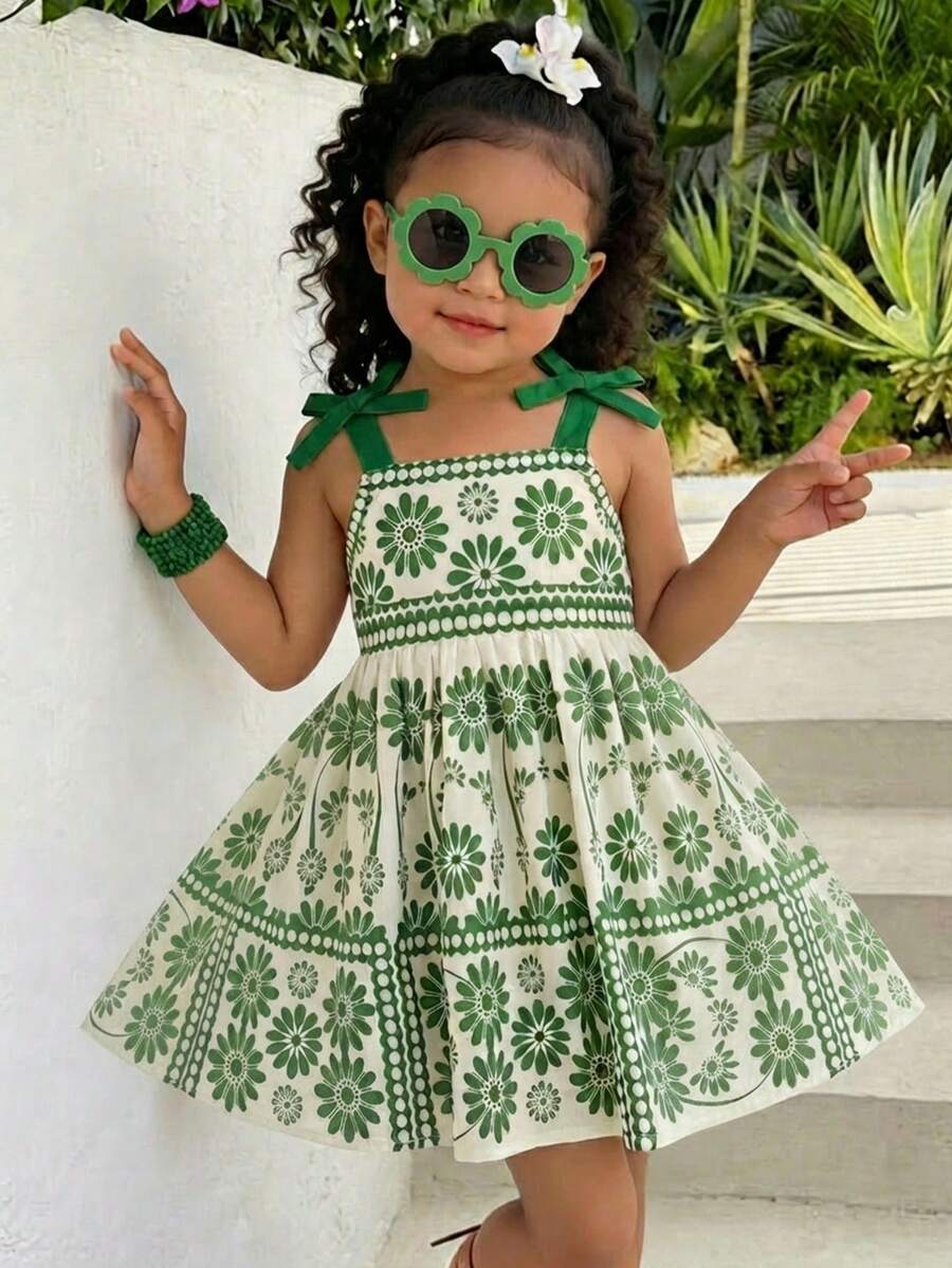 Little Girls Floral Print Sleeveless Dress With Bow Tie Waist Cute Summer Outfit