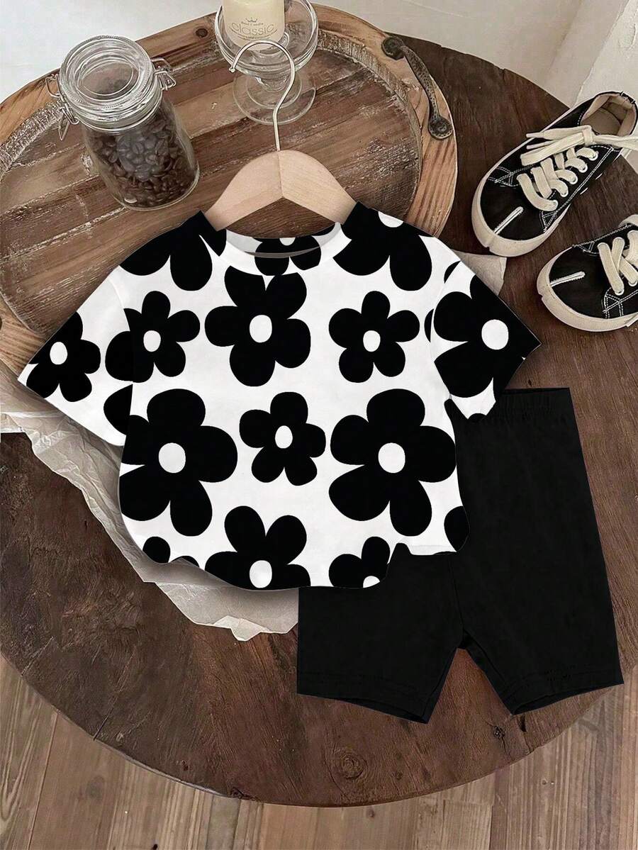 Lemon Fruit & Letter Print Short Sleeve Top and Shorts Set for Baby Girls