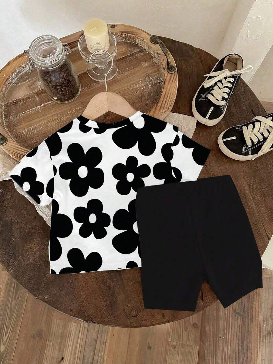 Lemon Fruit & Letter Print Short Sleeve Top and Shorts Set for Baby Girls