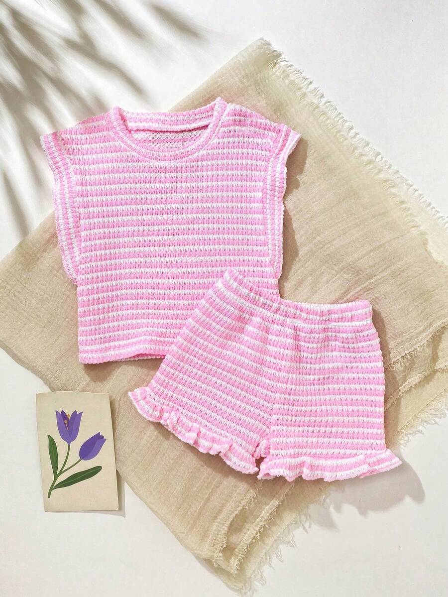 Baby Girl Black & White Striped Ruffle Sleeve T-Shirt & Shorts Set