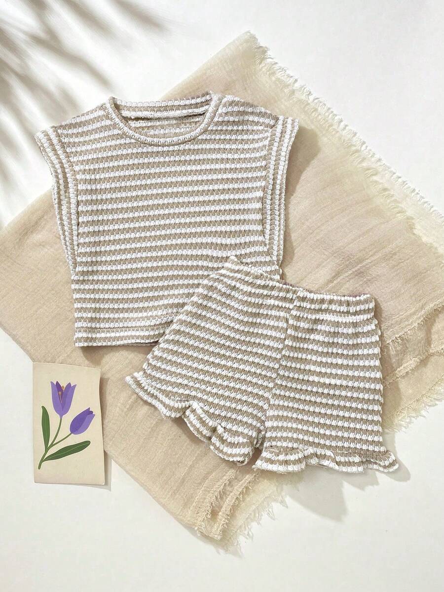 Baby Girl Black & White Striped Ruffle Sleeve T-Shirt & Shorts Set