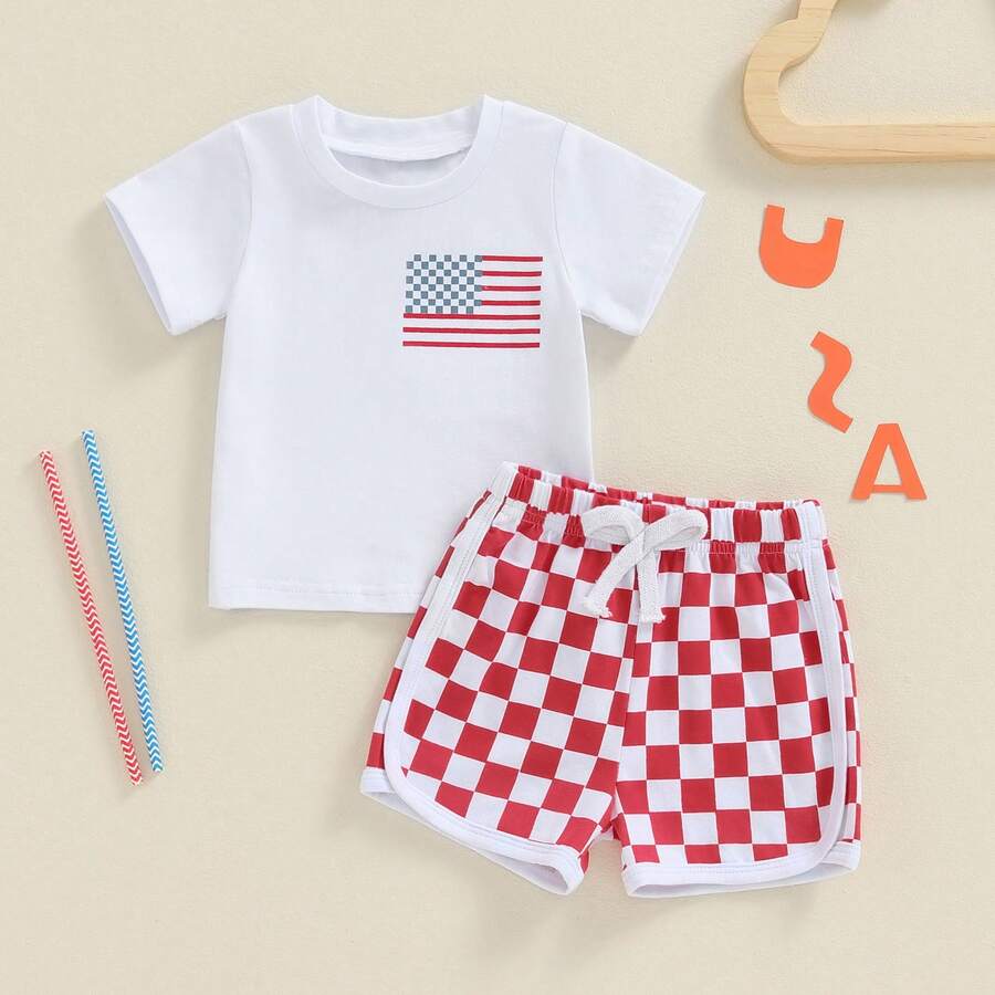 Independence Day Toddler Boys Flag Print T-Shirt & Checkerboard Shorts Set