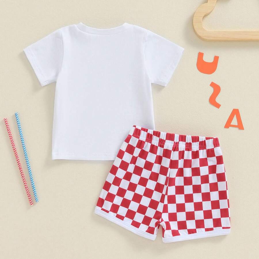 Independence Day Toddler Boys Flag Print T-Shirt & Checkerboard Shorts Set