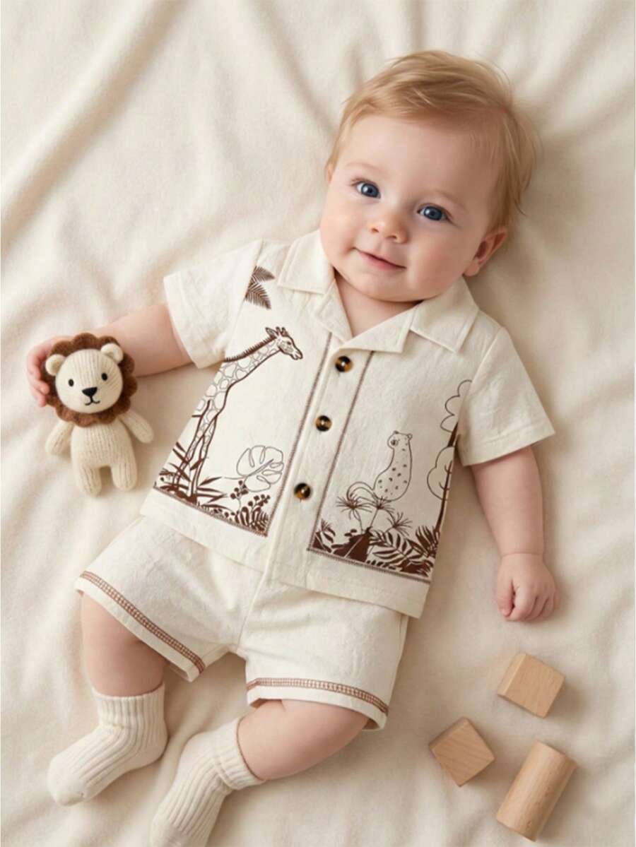 Newborn Baby Boy Funny Wild Animal Print Shirt and Shorts 2-Piece Summer Set