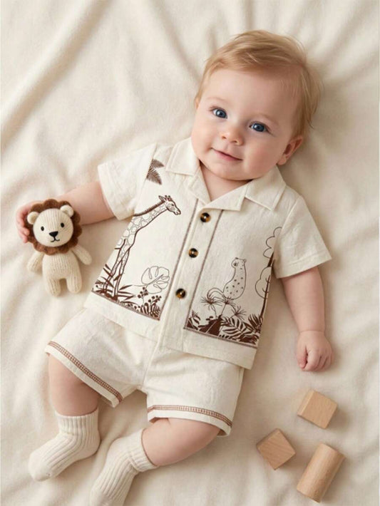 Newborn Baby Boy Funny Wild Animal Print Shirt and Shorts 2-Piece Summer Set
