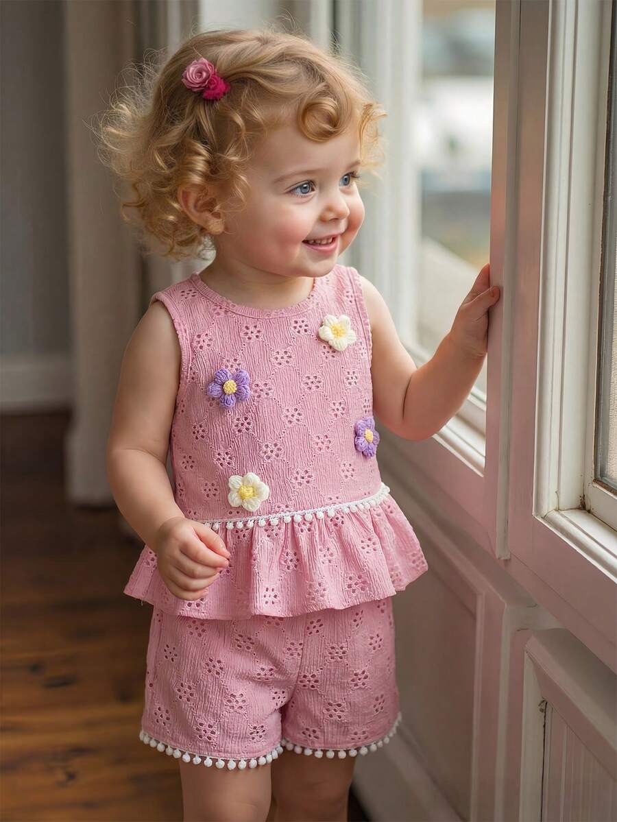 Two Piece Summer Clothing Set For Kids Girls Floral Knit Top And Shorts