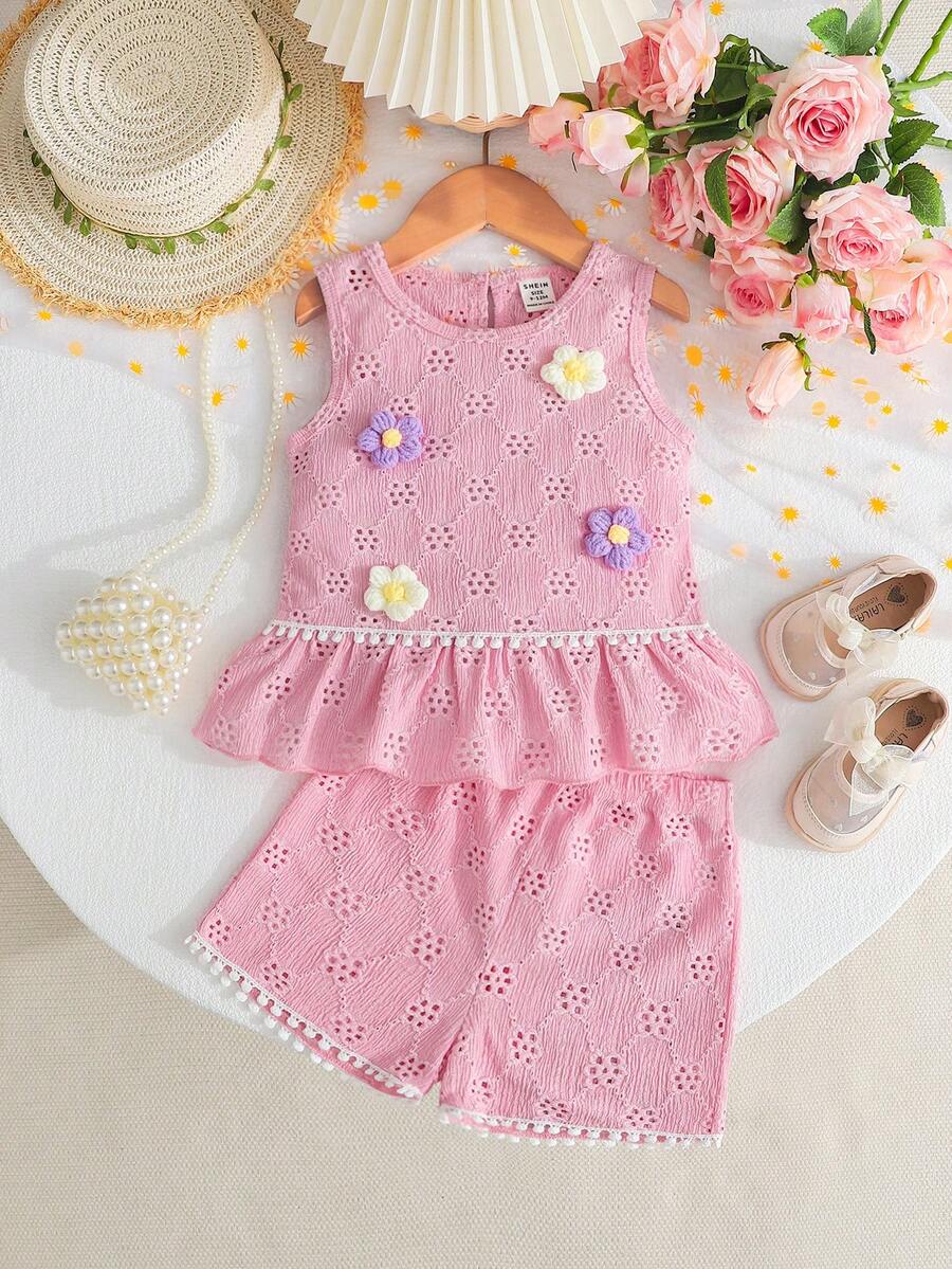 Two Piece Summer Clothing Set For Kids Girls Floral Knit Top And Shorts