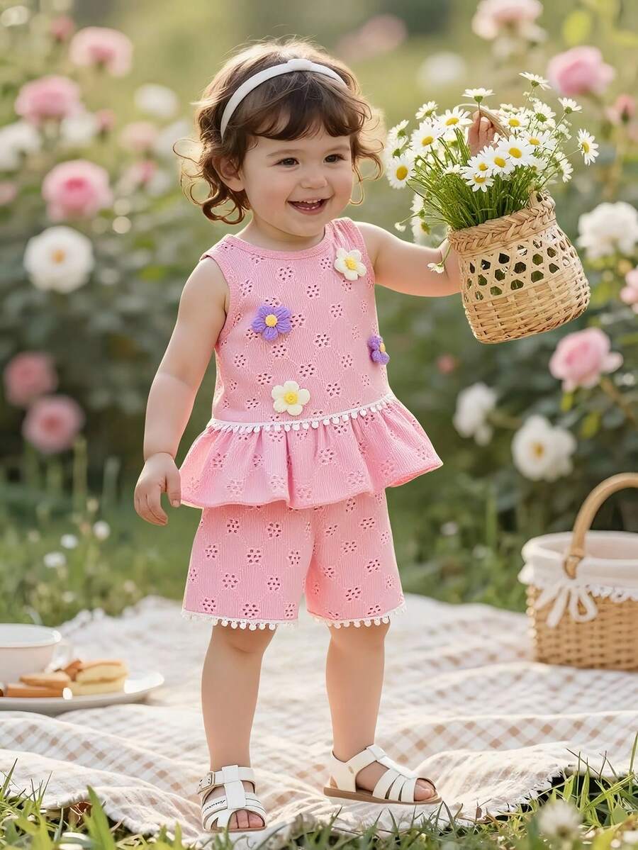 Two Piece Summer Clothing Set For Kids Girls Floral Knit Top And Shorts