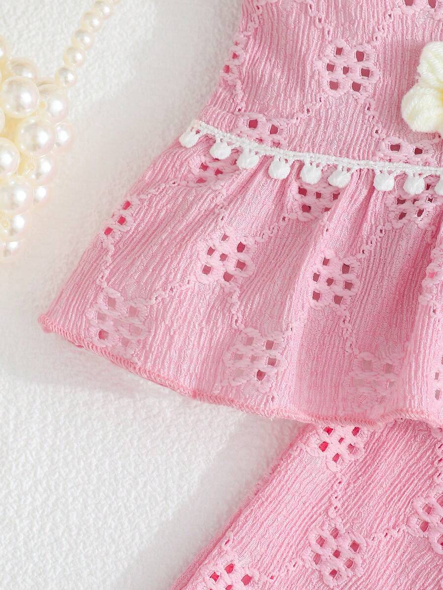 Two Piece Summer Clothing Set For Kids Girls Floral Knit Top And Shorts