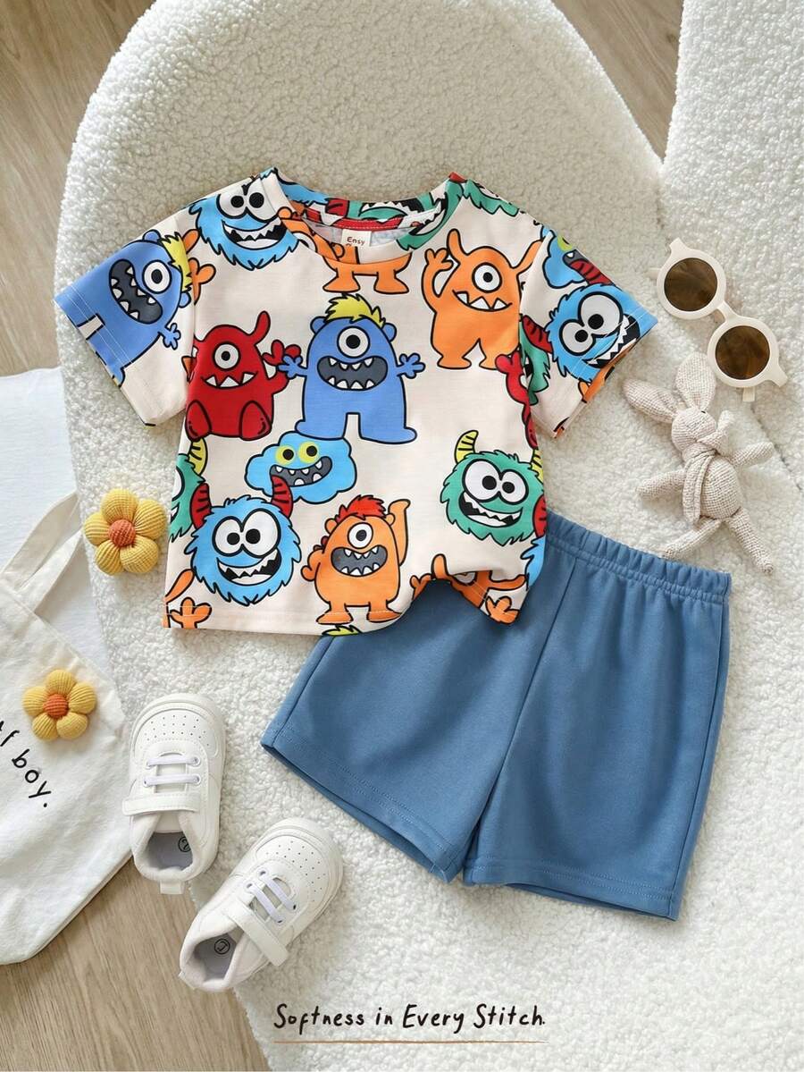 Baby Boy Animal Crayon Print T Shirt and Knitted Shorts 2 Piece Casual Spring Summer Outfit Set
