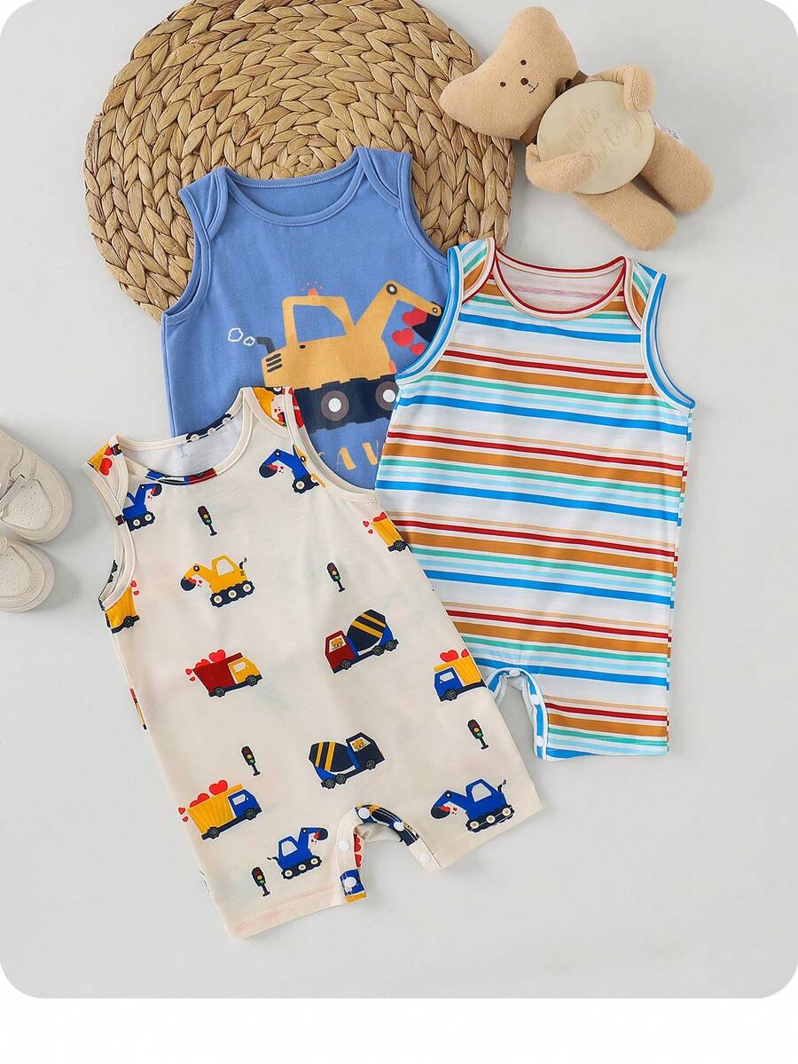 Unisex Newborn Baby Cartoon and Stripe Print Romper 3 Piece Summer Outfit Set