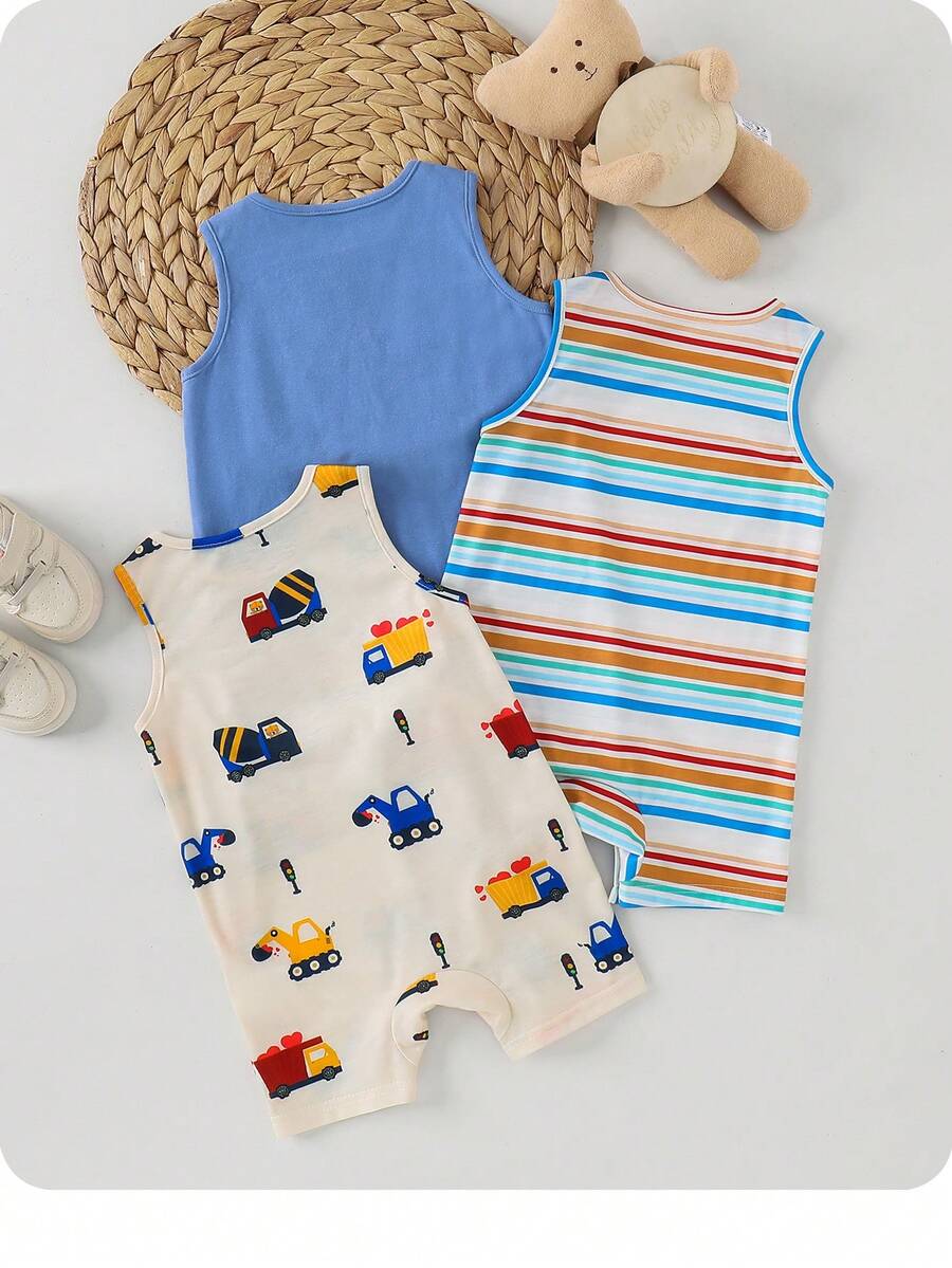 Unisex Newborn Baby Cartoon and Stripe Print Romper 3 Piece Summer Outfit Set